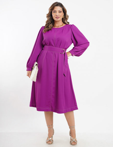 VESTIDO MIDI CREPE ALFAITARIA COM PESPONTO ROXO