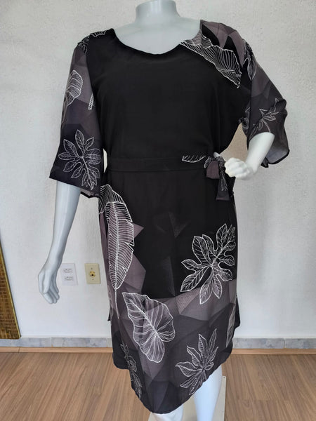 Vestido Viscolinho Preto estampa Folhagens