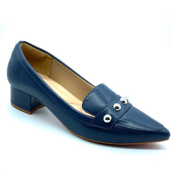 Scarpin azul com tacha couro comfort premium salto bloco