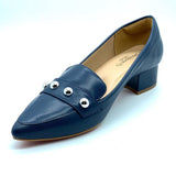 Scarpin azul com tacha couro comfort premium salto bloco