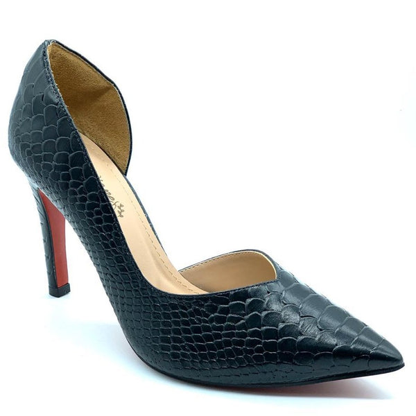 Scarpin preto de couro crocco salto fino