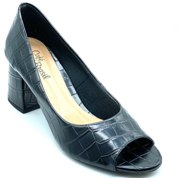 Peep toe preto textura salto bloco