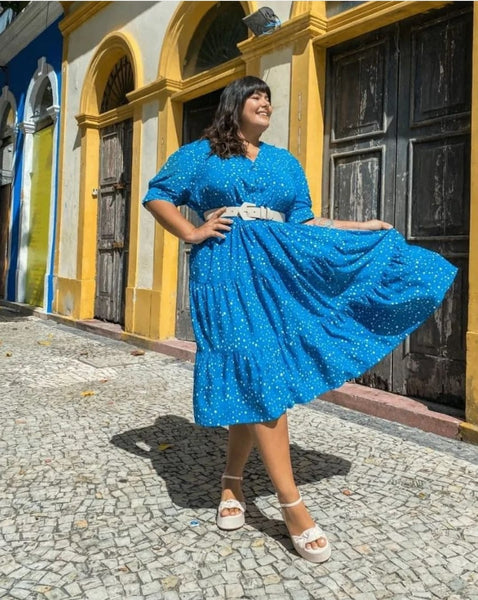 P269 Vestido Midi Poá  Azul